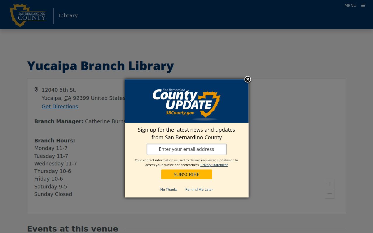 Yucaipa Branch Library contact and hours page for historical directory research