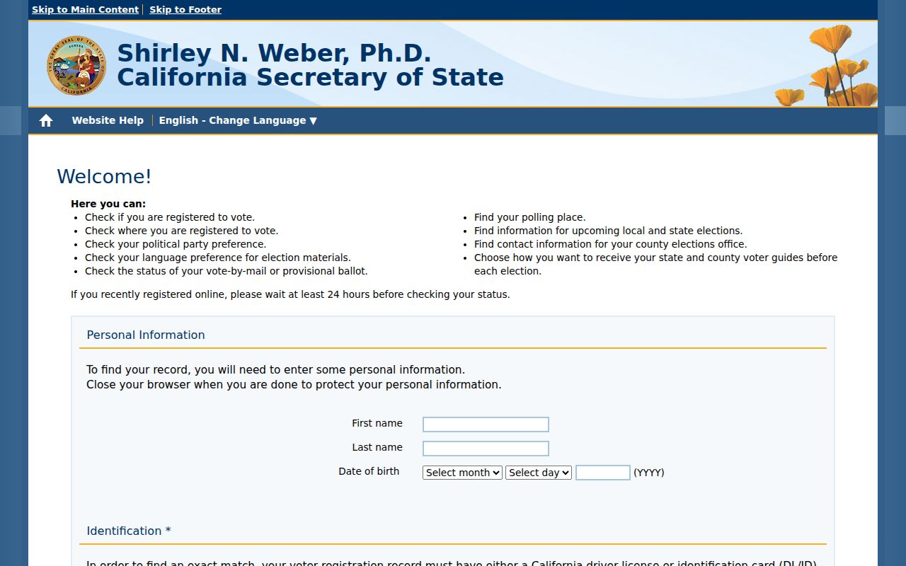 California My Voter Status authentication form for a Yucaipa voter