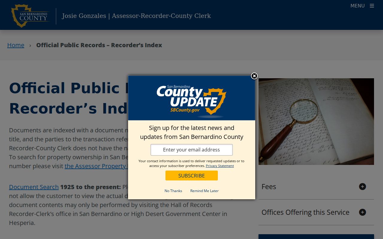 San Bernardino County recorder official records index used for Yucaipa deed research