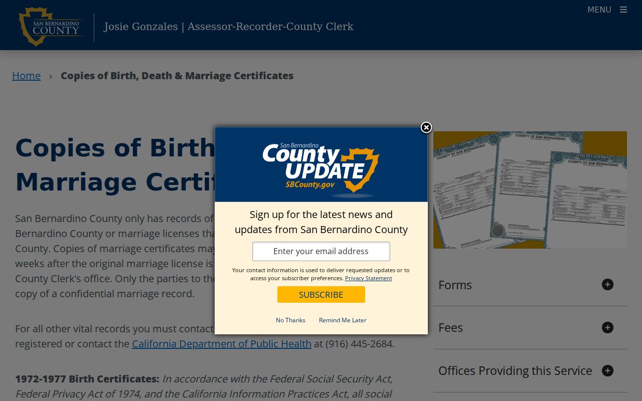 San Bernardino County vital records application information for Yucaipa events