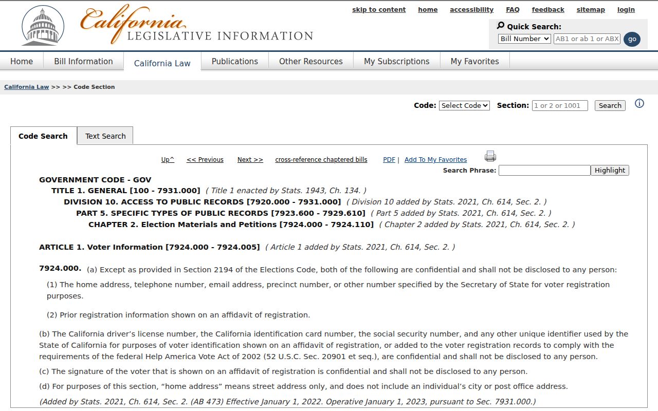 California confidential voter fields law for Yucaipa block research
