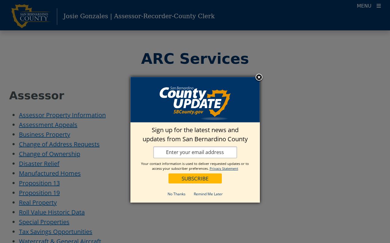 San Bernardino County assessor services page supporting Yucaipa street research